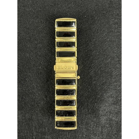Elgin Vintage Rhinestone Bezel Band Gold Black Tone Watch New Battery 7.5\
